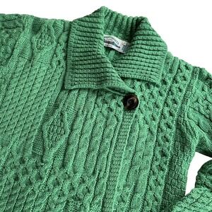 Aran Crafts Ireland Green Merino Wool Cable Knit Shawl Collar Sweater Womens L